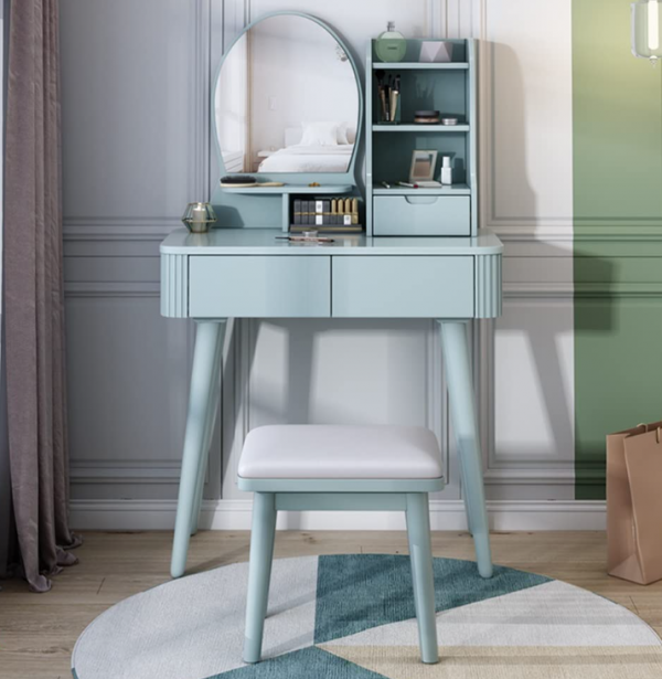 Meja Rias dengan Cermin Bundar Bergaya Retro